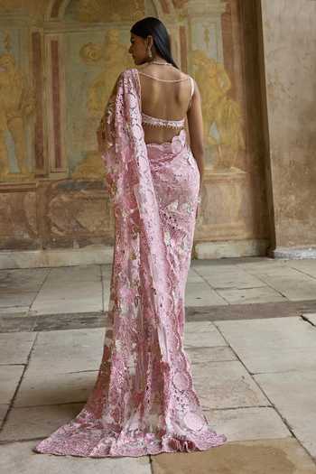 Shop_Seema Gujral_Pink Net Scoop Neck Dusty Thread Work Saree With Blouse _at_Aza_Fashions