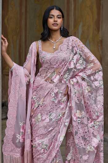 Buy_Seema Gujral_Pink Net Scoop Neck Dusty Thread Work Saree With Blouse _Online_at_Aza_Fashions