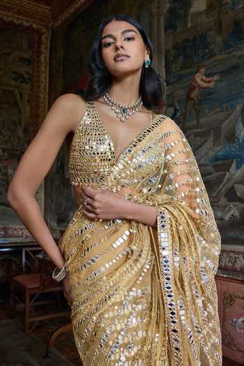 Buy_Seema Gujral_Gold Net Halter Neck Mirror Work Saree With Blouse _Online_at_Aza_Fashions