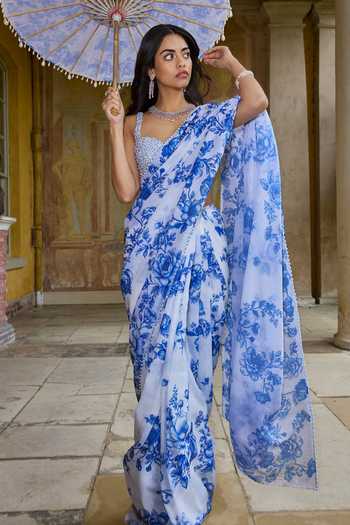 Seema Gujral_Blue Georgette Sweetheart Neck Ivory And Sequin Saree With Blouse _Online_at_Aza_Fashions