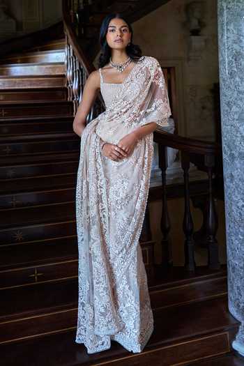 Seema Gujral_Beige Net Square Neck Thread Work Saree With Blouse _Online_at_Aza_Fashions