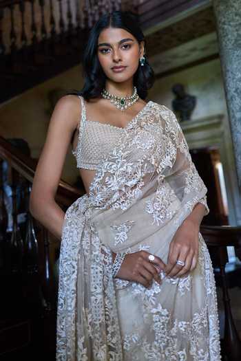 Buy_Seema Gujral_Beige Net Square Neck Thread Work Saree With Blouse _Online_at_Aza_Fashions