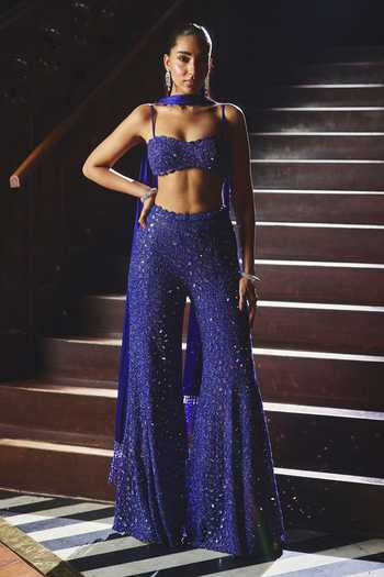 Buy_Vvani by vani vats_Blue Georgette, Net, Satin Bandeau Neck Mirror Embroidered Blouse Sharara Set _at_Aza_Fashions