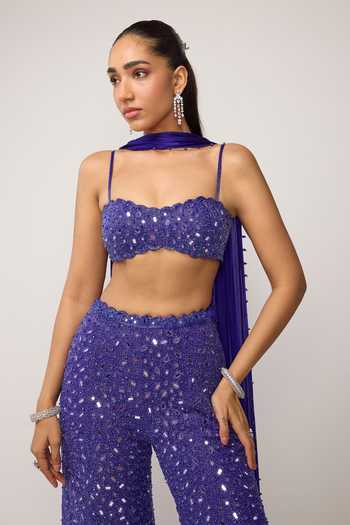 Buy_Vvani by vani vats_Blue Georgette, Net, Satin Bandeau Neck Mirror Embroidered Blouse Sharara Set _Online_at_Aza_Fashions