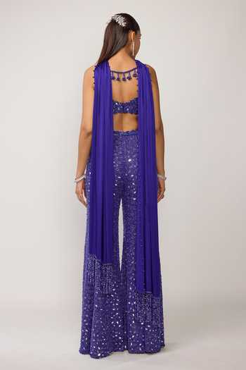 Shop_Vvani by vani vats_Blue Georgette, Net, Satin Bandeau Neck Mirror Embroidered Blouse Sharara Set _at_Aza_Fashions