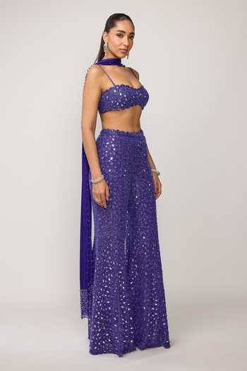 Vvani by vani vats_Blue Georgette, Net, Satin Bandeau Neck Mirror Embroidered Blouse Sharara Set _at_Aza_Fashions