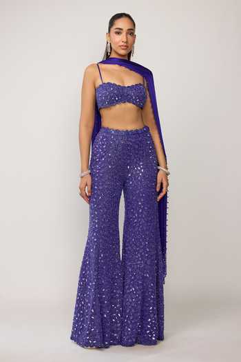 Buy_Vvani by vani vats_Blue Georgette, Net, Satin Bandeau Neck Mirror Embroidered Blouse Sharara Set 