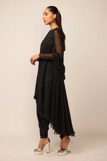 Vvani by vani vats_Black Georgette, Silk Round Neck Embroidered Kurta Dhoti Pant Set _Online_at_Aza_Fashions