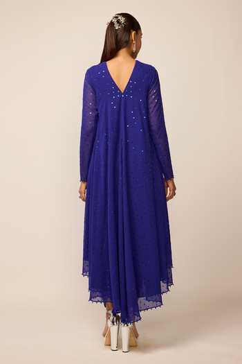 Shop_Vvani by vani vats_Blue Georgette, Silk Round Neck Embroidered Kurta Dhoti Pant Set _at_Aza_Fashions