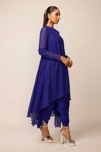 Vvani by vani vats_Blue Georgette, Silk Round Neck Embroidered Kurta Dhoti Pant Set _Online_at_Aza_Fashions