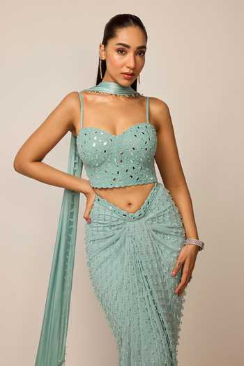 Vvani by vani vats_Sky Blue Georgette, Satin Beads, Single Drop Embroidered Draped Skirt Set _Online_at_Aza_Fashions