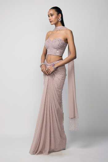 Buy_Vvani by vani vats_Pink Georgette Sequins, Mirrors, Beads Sweetheart Embroidered Draped Skirt Set _Online_at_Aza_Fashions