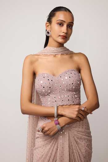 Vvani by vani vats_Pink Georgette Sequins, Mirrors, Beads Sweetheart Embroidered Draped Skirt Set _at_Aza_Fashions