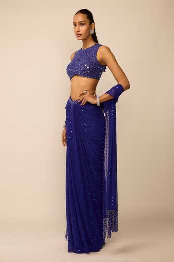 Vvani by vani vats_Blue Georgette Sequins High Neck Embroidered Draped Skirt Set _Online_at_Aza_Fashions