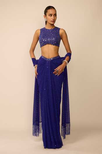 Buy_Vvani by vani vats_Blue Georgette Sequins High Neck Embroidered Draped Skirt Set _Online_at_Aza_Fashions