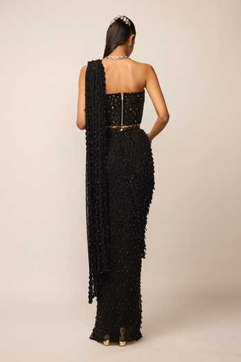 Shop_Vvani by vani vats_Black Georgette Sweetheart Neck Single Drop Pre-draped Saree With Blouse _at_Aza_Fashions