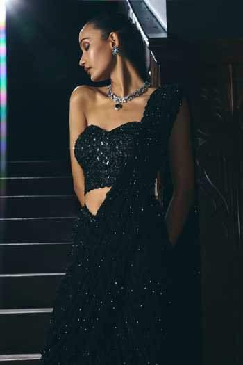 Buy_Vvani by vani vats_Black Georgette Sweetheart Neck Single Drop Pre-draped Saree With Blouse _Online_at_Aza_Fashions