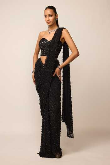 Shop_Vvani by vani vats_Black Georgette Sweetheart Neck Single Drop Pre-draped Saree With Blouse _Online_at_Aza_Fashions