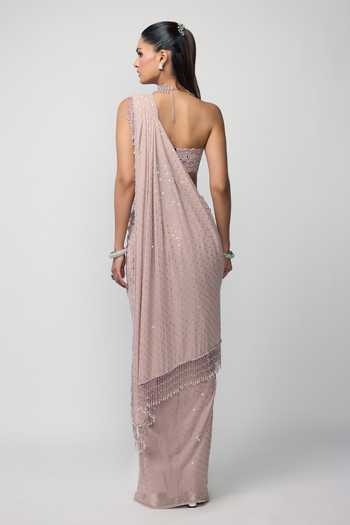 Shop_Vvani by vani vats_Pink Georgette Bandeau Neck Pre-draped Mirror Work Saree With Blouse _at_Aza_Fashions