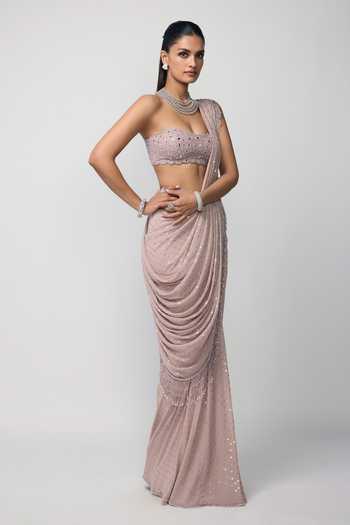 Vvani by vani vats_Pink Georgette Bandeau Neck Pre-draped Mirror Work Saree With Blouse _Online_at_Aza_Fashions