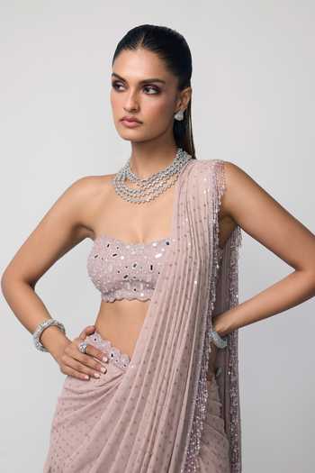 Buy_Vvani by vani vats_Pink Georgette Bandeau Neck Pre-draped Mirror Work Saree With Blouse _Online_at_Aza_Fashions