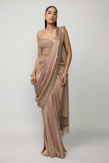 Buy_Vvani by vani vats_Rose Gold Satin, Georgette Beads, Mirrors Bronze Pre-draped Saree With Corset _Online_at_Aza_Fashions