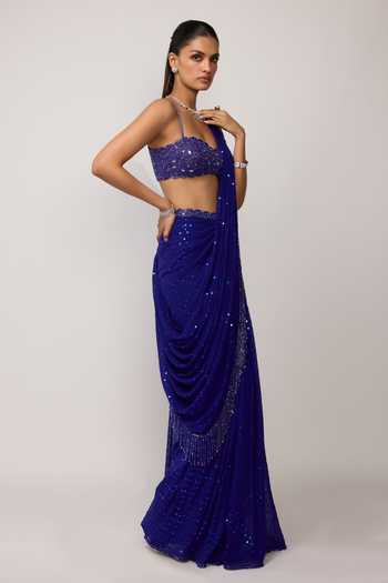 Vvani by vani vats_Blue Georgette Sweetheart Neck Sequins Embroidered Pre-draped Saree And Blouse _Online_at_Aza_Fashions