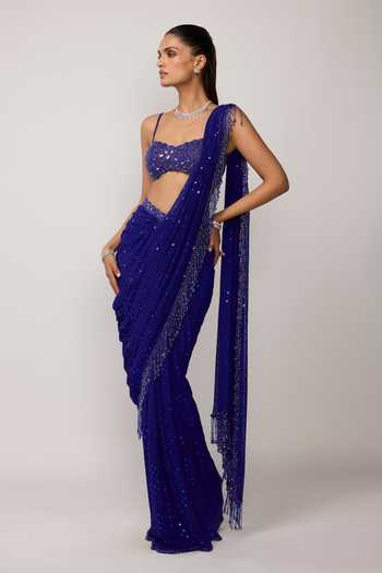 Shop_Vvani by vani vats_Blue Georgette Sweetheart Neck Sequins Embroidered Pre-draped Saree And Blouse _Online_at_Aza_Fashions