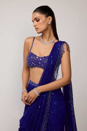 Vvani by vani vats_Blue Georgette Sweetheart Neck Sequins Embroidered Pre-draped Saree And Blouse _at_Aza_Fashions