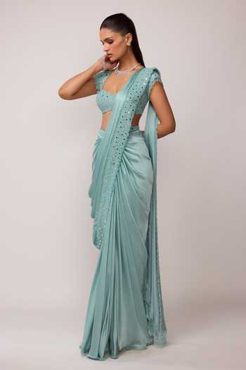 Buy_Vvani by vani vats_Blue Satin, Georgette Sweetheart Pre-draped Saree With Mirror Embroidered Blouse _Online_at_Aza_Fashions