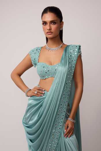 Buy_Vvani by vani vats_Blue Satin, Georgette Sweetheart Pre-draped Saree With Mirror Embroidered Blouse 
