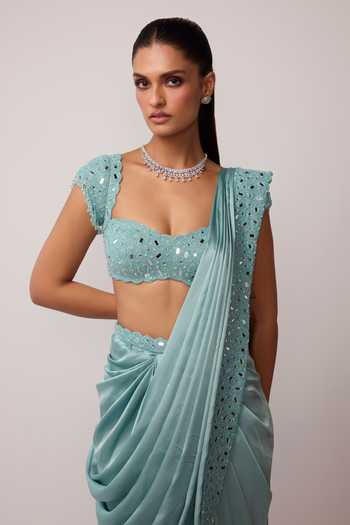Shop_Vvani by vani vats_Blue Satin, Georgette Sweetheart Pre-draped Saree With Mirror Embroidered Blouse 
