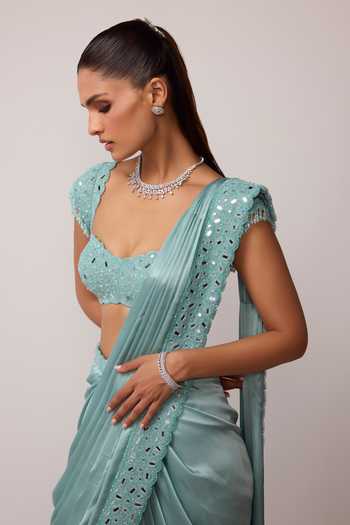 Vvani by vani vats_Blue Satin, Georgette Sweetheart Pre-draped Saree With Mirror Embroidered Blouse _Online