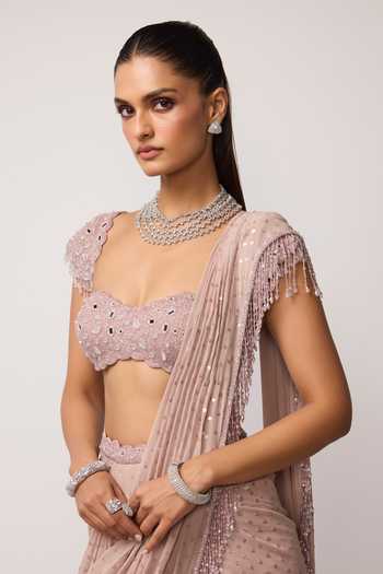 Buy_Vvani by vani vats_Pink Georgette Sweetheart Neck Sequinned Pre-draped Saree With Blouse _Online