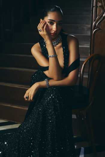 Vvani by vani vats_Black Net, Georgette, Satin V-neck Fishcut Mirror Embroidered Lehenga Set _at_Aza_Fashions