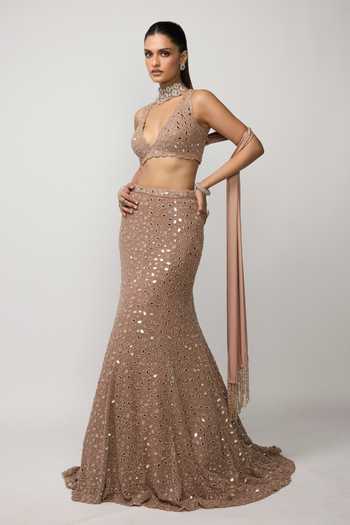 Shop_Vvani by vani vats_Rose Gold Net, Georgette, Satin V-neck Bronze Fishcut Lehenga Set _Online_at_Aza_Fashions