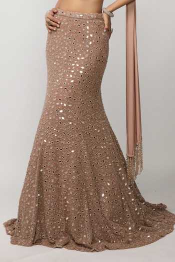 Shop_Vvani by vani vats_Rose Gold Net, Georgette, Satin V-neck Bronze Fishcut Lehenga Set 