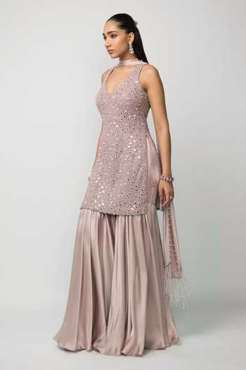 Vvani by vani vats_Pink Net, Satin V-neck Mirror Embroidered Kurta Sharara Set _Online_at_Aza_Fashions