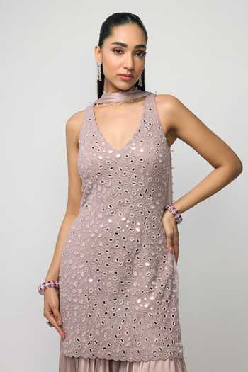 Buy_Vvani by vani vats_Pink Net, Satin V-neck Mirror Embroidered Kurta Sharara Set 