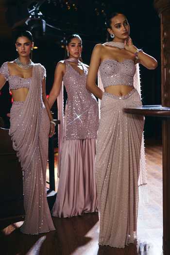 Shop_Vvani by vani vats_Pink Net, Satin V-neck Mirror Embroidered Kurta Sharara Set 