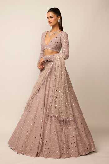 Vvani by vani vats_Pink Crepe, Georgette, Net V-neck Mirror Embroidered Lehenga Set _Online_at_Aza_Fashions