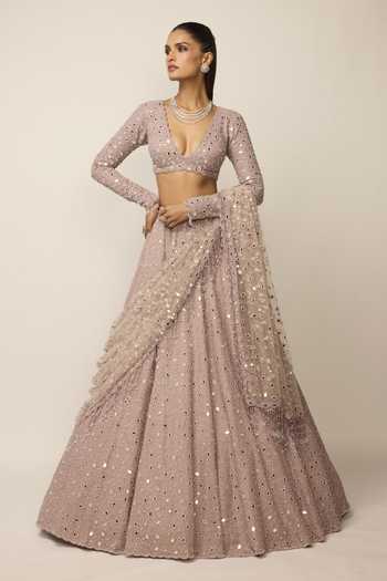 Shop_Vvani by vani vats_Pink Crepe, Georgette, Net V-neck Mirror Embroidered Lehenga Set _Online_at_Aza_Fashions
