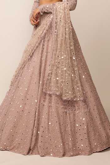 Buy_Vvani by vani vats_Pink Crepe, Georgette, Net V-neck Mirror Embroidered Lehenga Set 