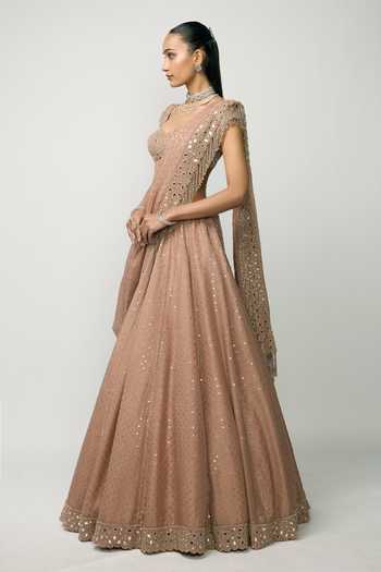 Vvani by vani vats_Rose Gold Organza, Georgette Sweetheart Bronze Sequin Embroidered Lehenga Set _Online_at_Aza_Fashions