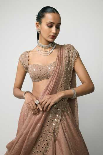 Vvani by vani vats_Rose Gold Organza, Georgette Sweetheart Bronze Sequin Embroidered Lehenga Set _at_Aza_Fashions