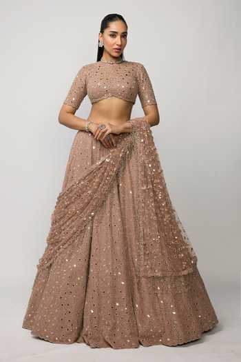 Vvani by vani vats_Rose Gold Crepe, Georgette, Net Round Neck Bronze Embroidered Lehenga Set _Online_at_Aza_Fashions