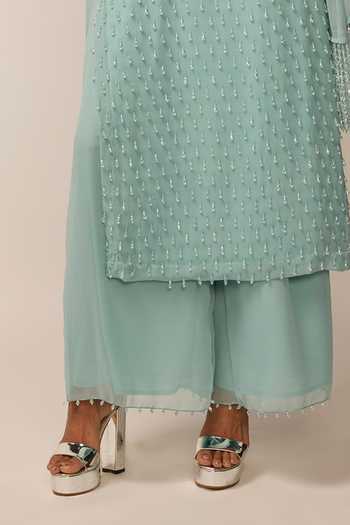 Vvani by vani vats_Blue Georgette Keyhole Neck, Yes Pearl Drop Embroidered Kurta Set _at_Aza_Fashions