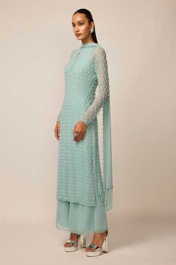 Buy_Vvani by vani vats_Blue Georgette Keyhole Neck, Yes Pearl Drop Embroidered Kurta Set 