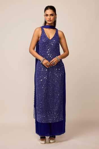 Buy_Vvani by vani vats_Blue Net, Satin V-neck, Yes Mirror Embroidered Kurta Palazzo Set _Online_at_Aza_Fashions