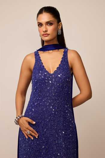 Vvani by vani vats_Blue Net, Satin V-neck, Yes Mirror Embroidered Kurta Palazzo Set _at_Aza_Fashions